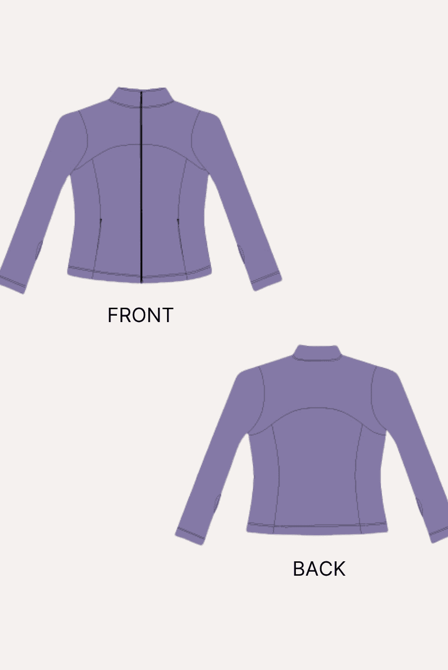Size guide and fabric yardage chart for women's sports jacket sewing pattern