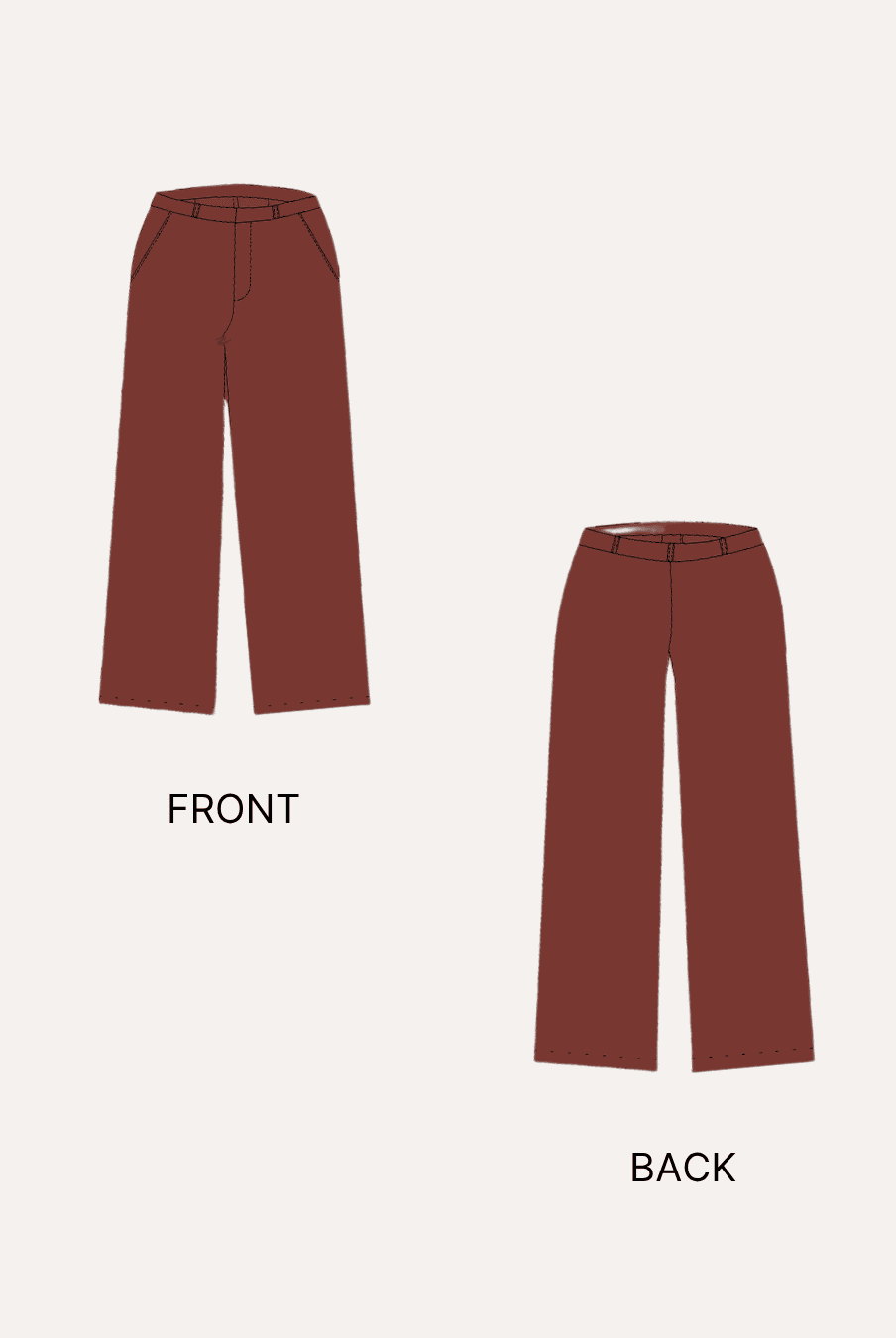 Illustration of front and back view of wide leg pants sewing pattern