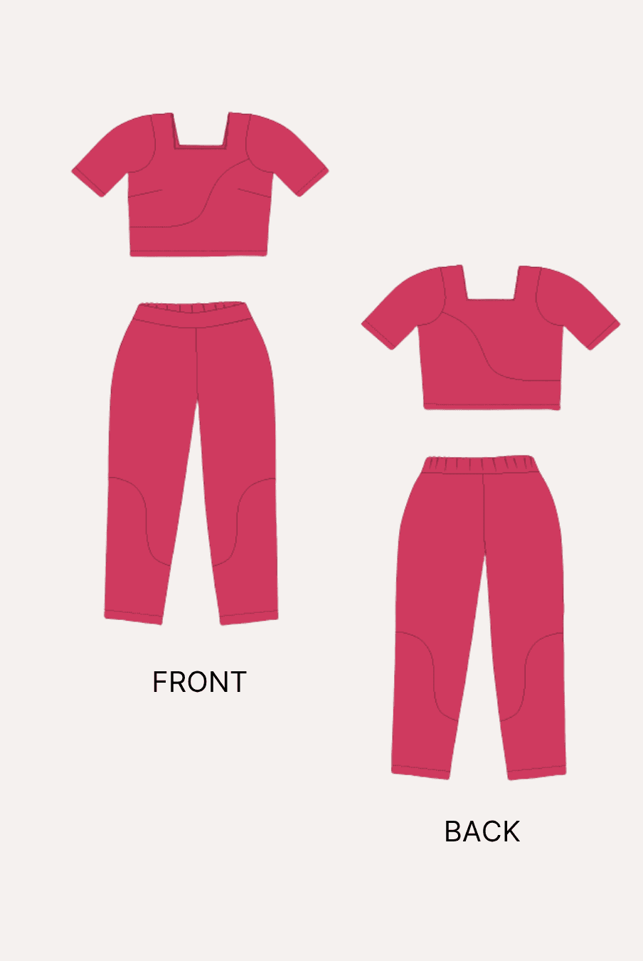 Illustration of women's matching crop top and full-length pants from sewing pattern 'Mary'