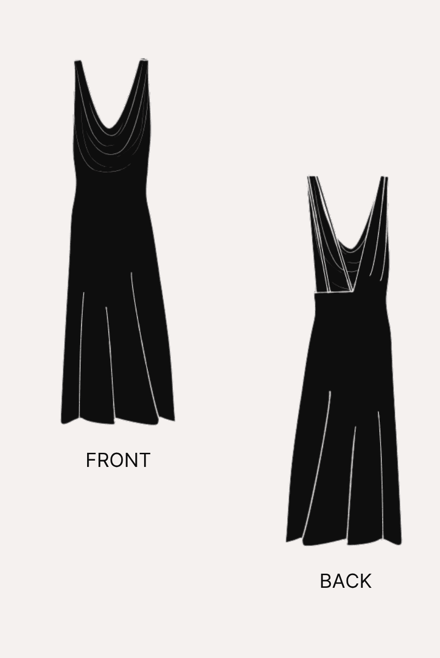 Sewing pattern illustration of a sleeveless gown with front and back views