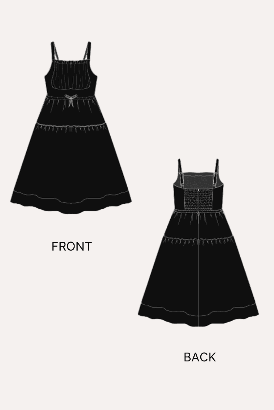 Technical sewing pattern illustration of a sleeveless sundress with front and back views, featuring tiered skirt and fitted bodice