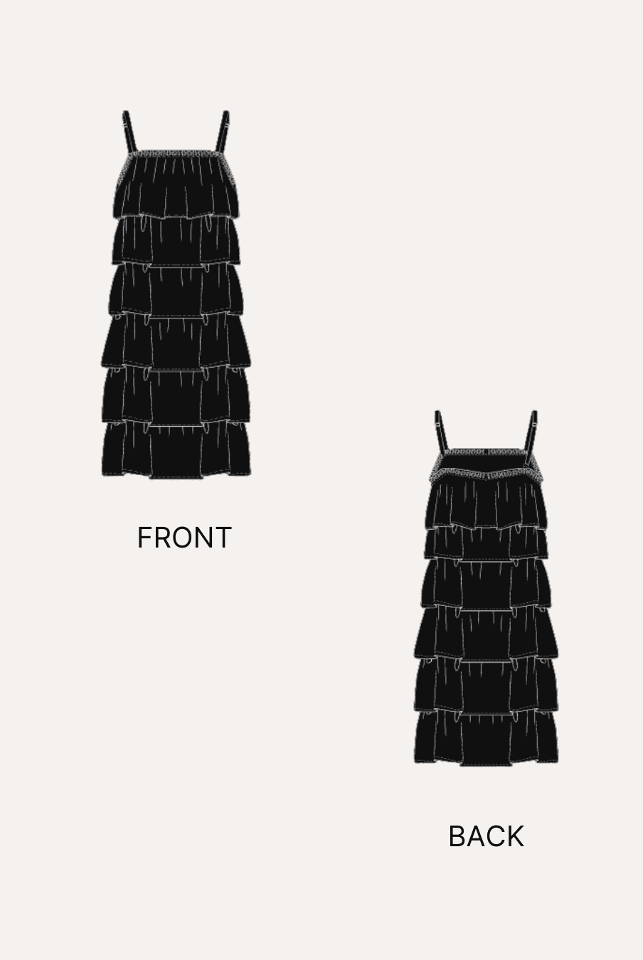 Technical drawing of tiered dress sewing pattern with front and back views