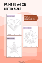 Printable sewing practice sheets in A4 or letter sizes. Digital PDF includes sewing figures like stars, hearts, and flowers for skill improvement.