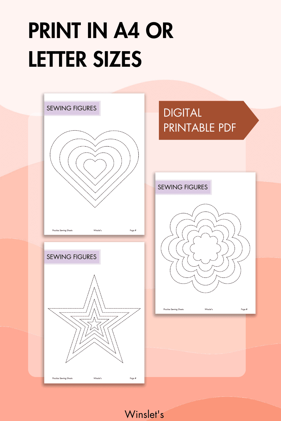 Printable sewing practice sheets in A4 or letter sizes. Digital PDF includes sewing figures like stars, hearts, and flowers for skill improvement.