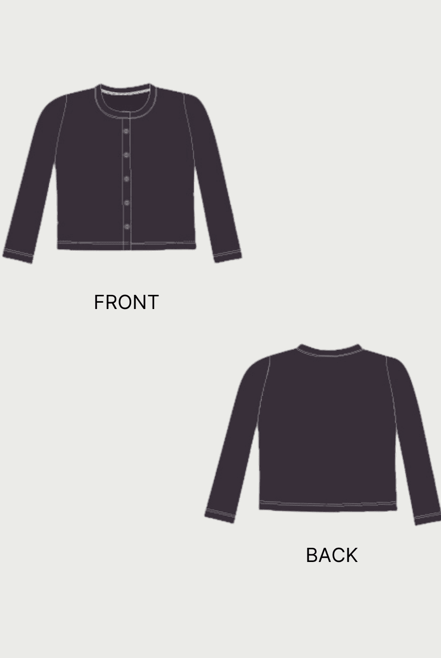 Technical flat sketch of the Liza cardigan sewing pattern showing front and back views with long sleeves, round neck, and button-down design.