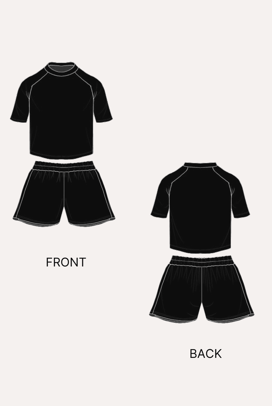 Technical sewing pattern illustration of front and back view of activewear shorts and T-shirt