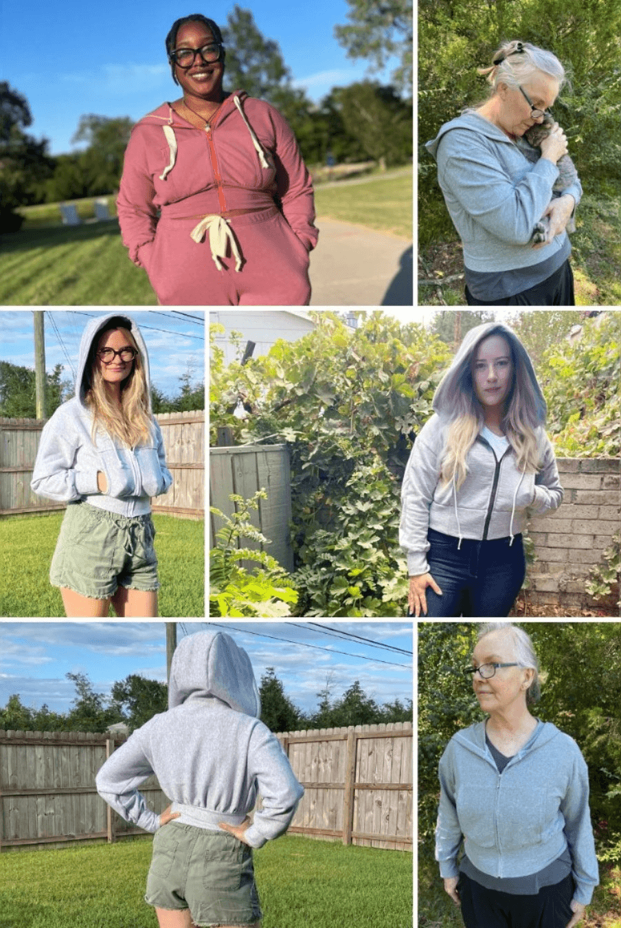 Women outdoors in pink hoodie with zipper and drawstring, demonstrating the sewing pattern for a casual hoodie with adjustable waist