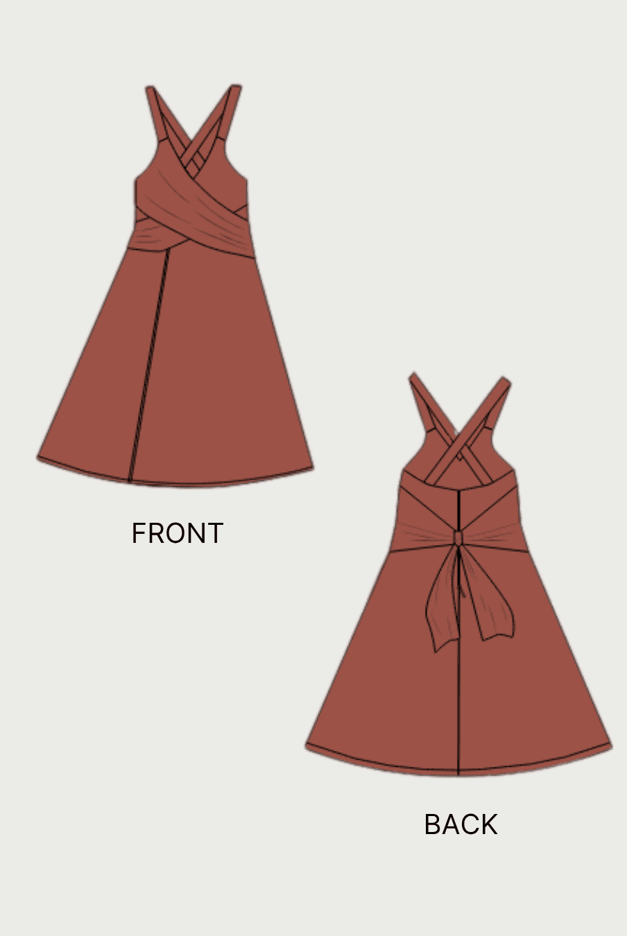 Dress sewing pattern illustration, front and back views, sleeveless, sweetheart neckline, brown fabric