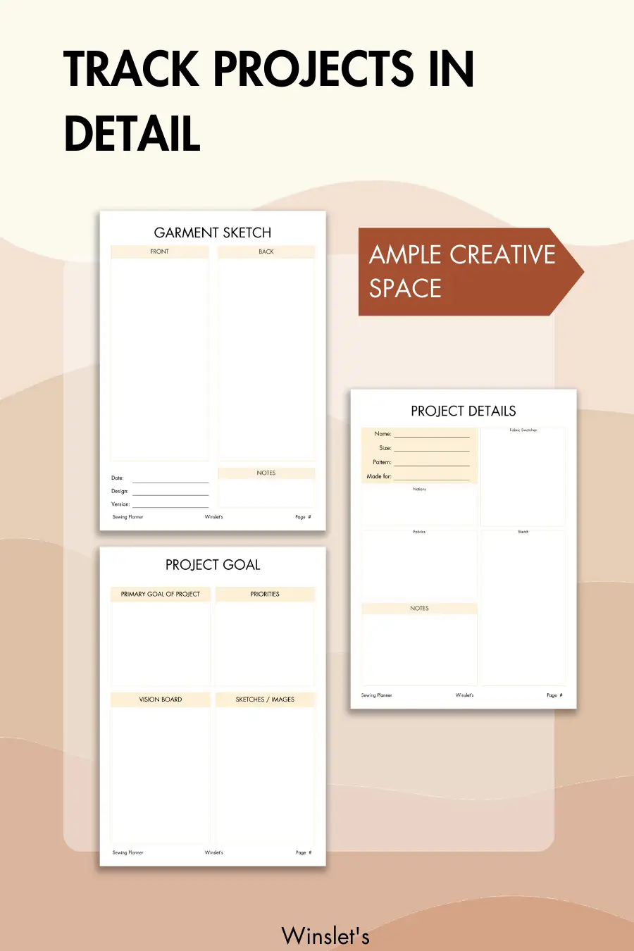 Track sewing projects in detail with ample creative space. Includes garment sketch, project goal, and project details pages.