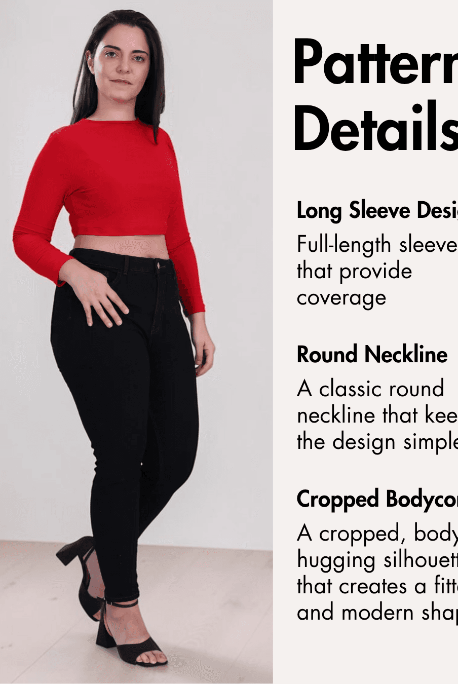 Pattern details for long sleeve crop top with front and back views