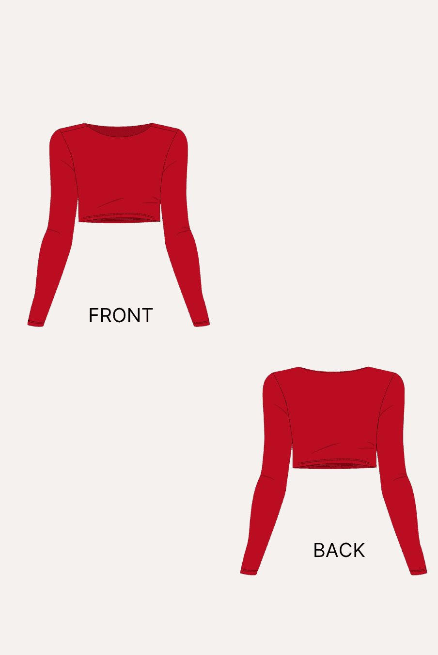 Pattern illustration for long sleeve crop top with front and back views