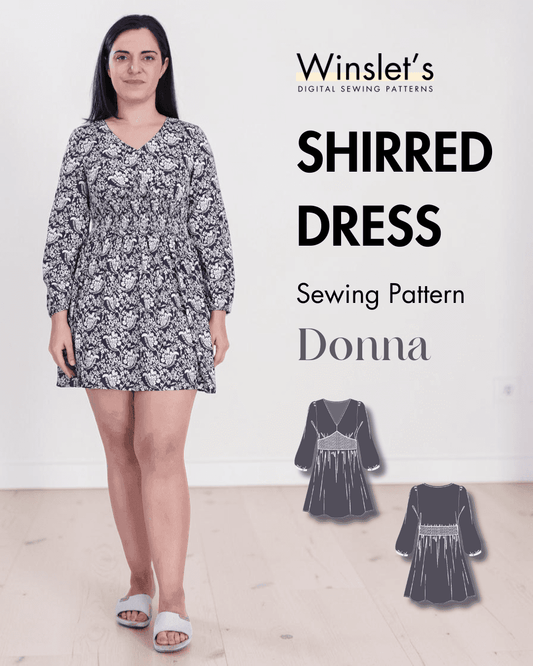 Women's PDF shirred dress sewing pattern with long sleeves and V-neck