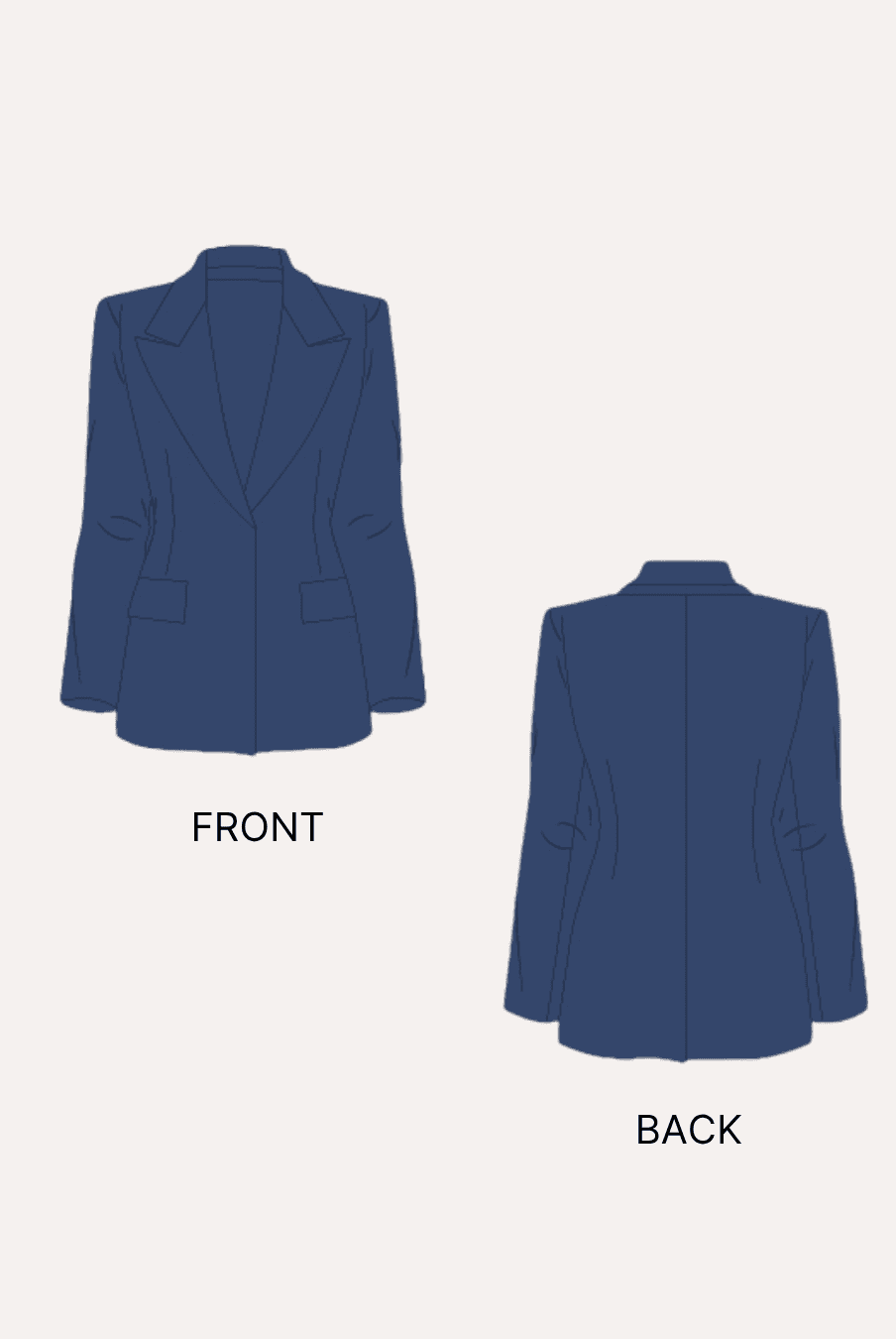 Back and front sewing pattern illustrations for tailored blazer