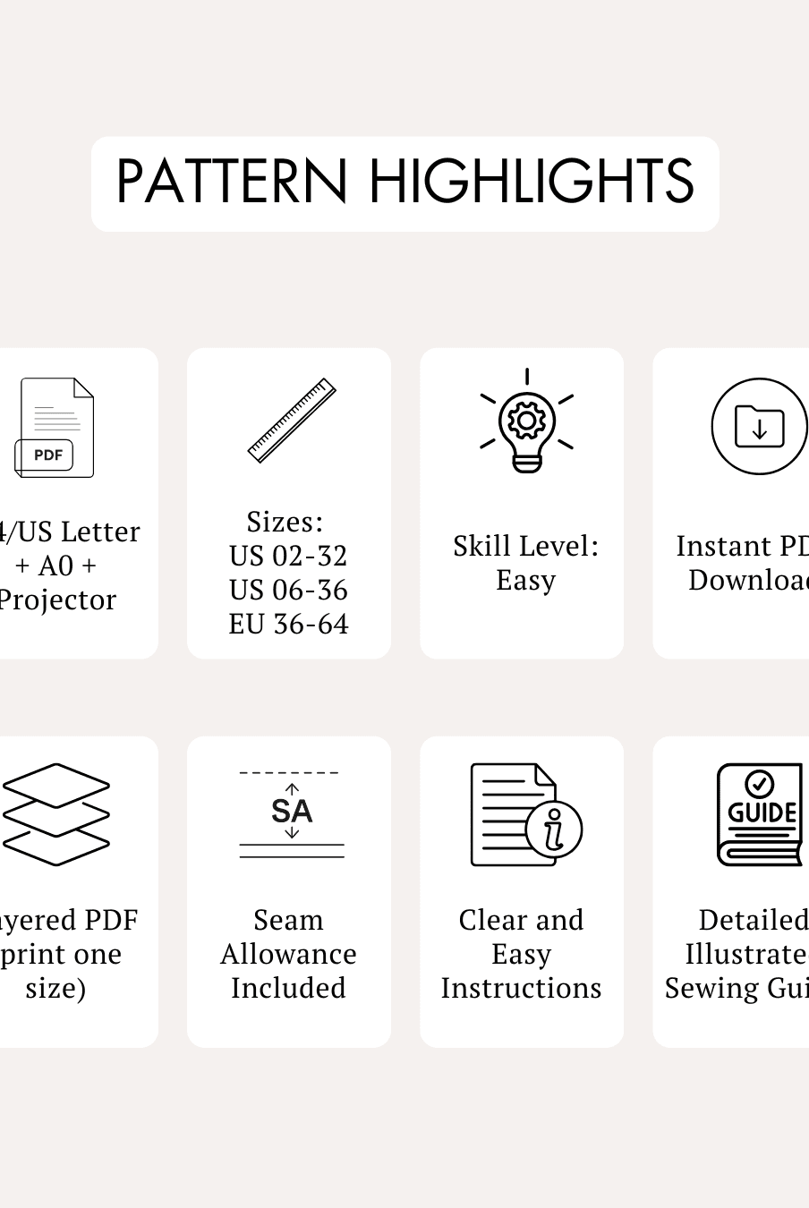 Pattern highlights infographic with PDF, sewing sizes, skill level, PDF download icons