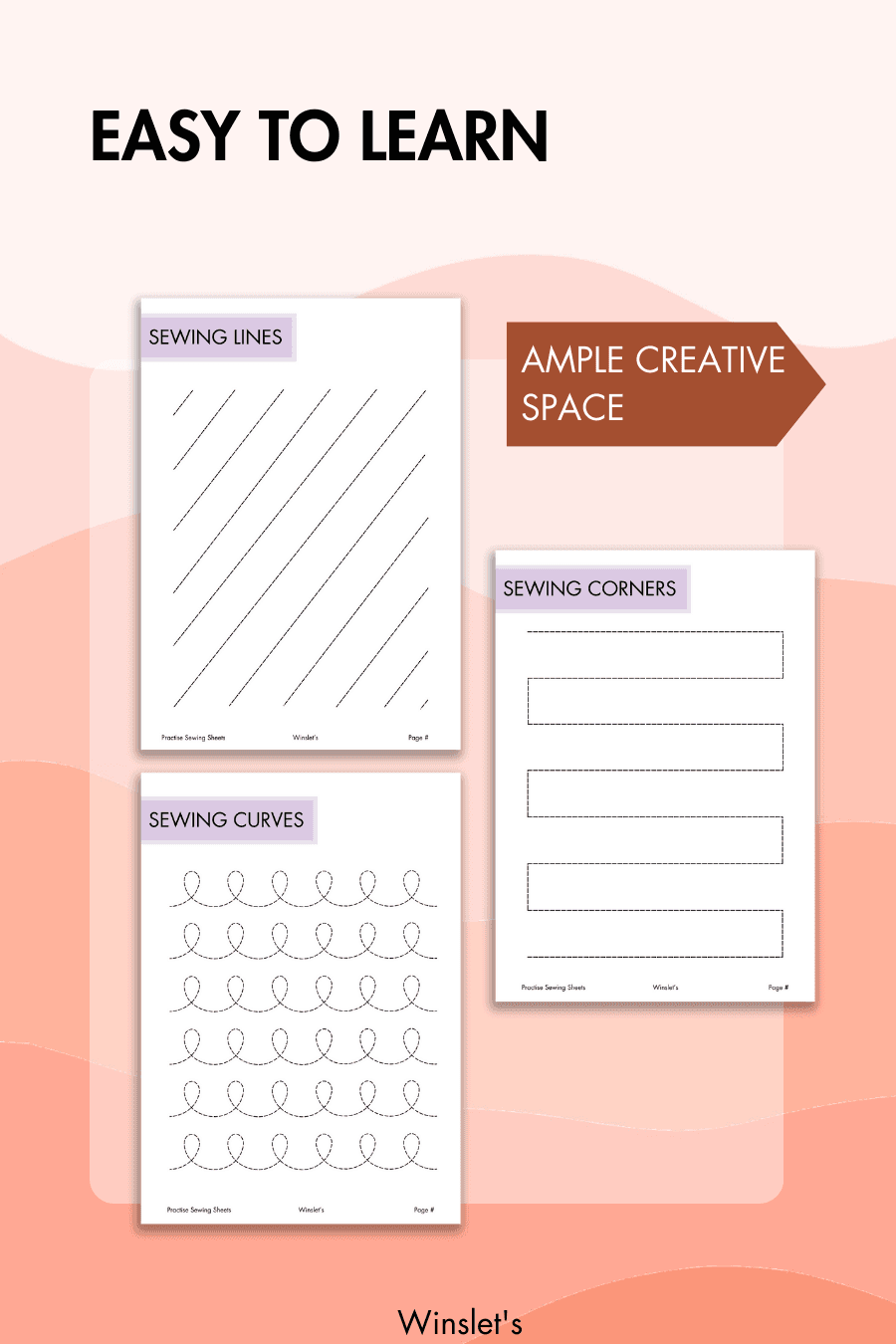 Easy-to-learn sewing practice sheets with ample creative space. Includes exercises for sewing lines, corners, and curves for beginners.