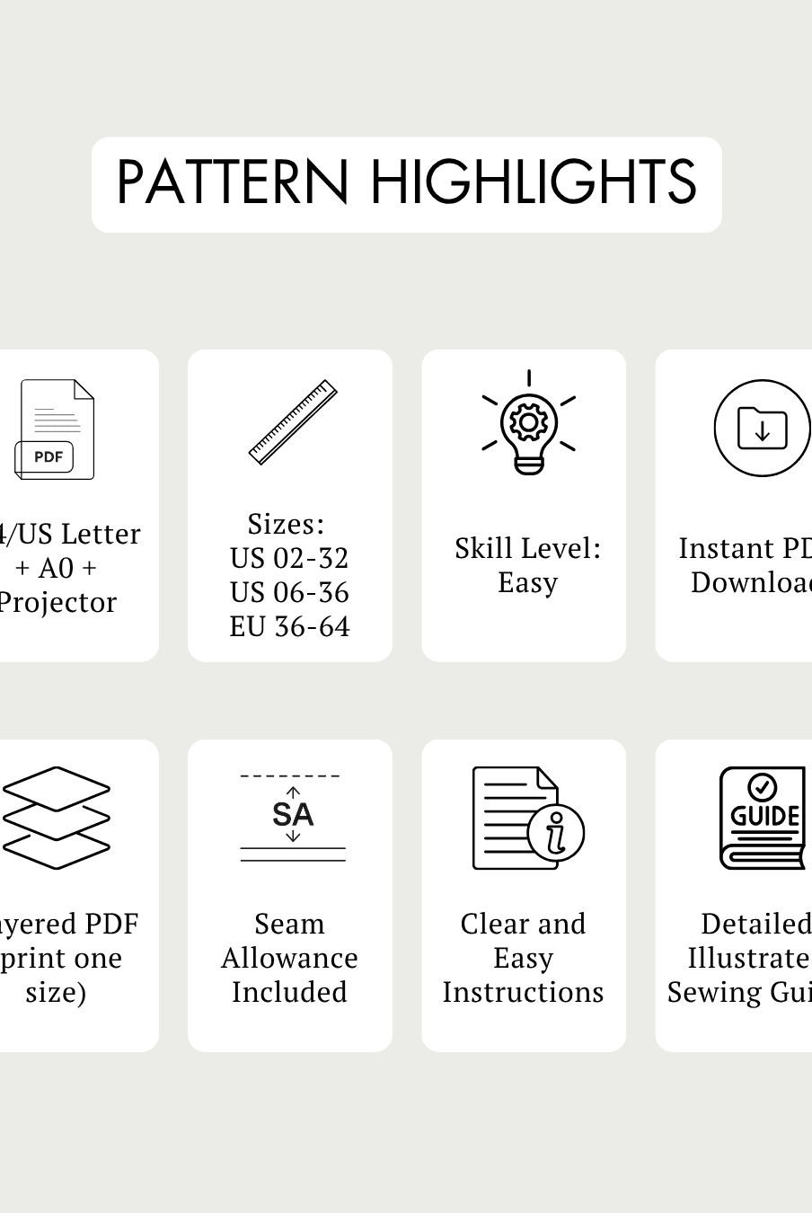 Pattern highlights for sewing dress, PDF, layered, easy instructions, sewing pattern