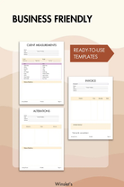 Business-friendly Sewing Project Planner with ready-to-use templates. Includes client measurements, alterations, and invoice pages.