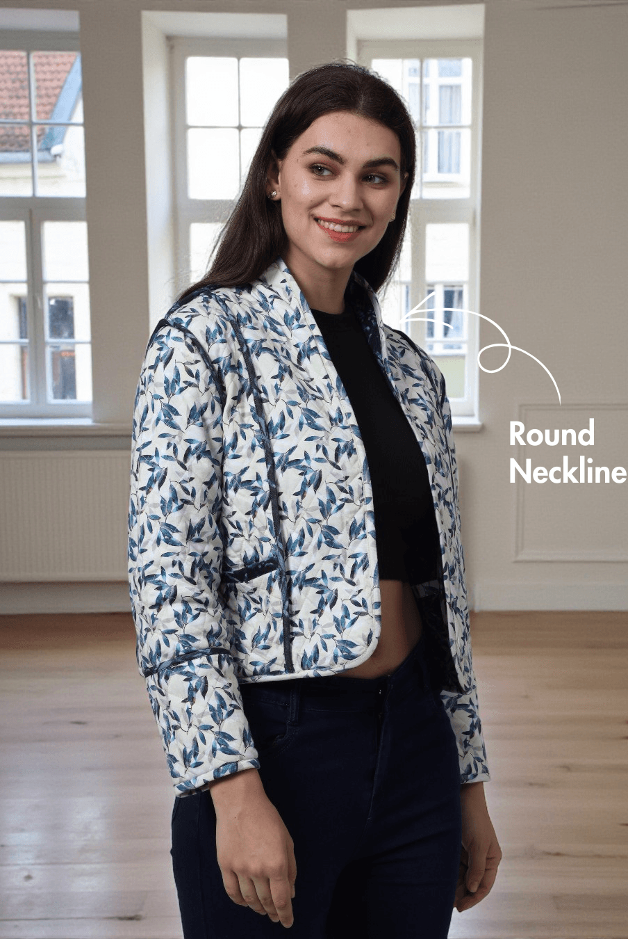 Close-up of Romy reversible quilted jacket sewing pattern showing round neckline and floral print, ideal for fall and winter outerwear projects.
