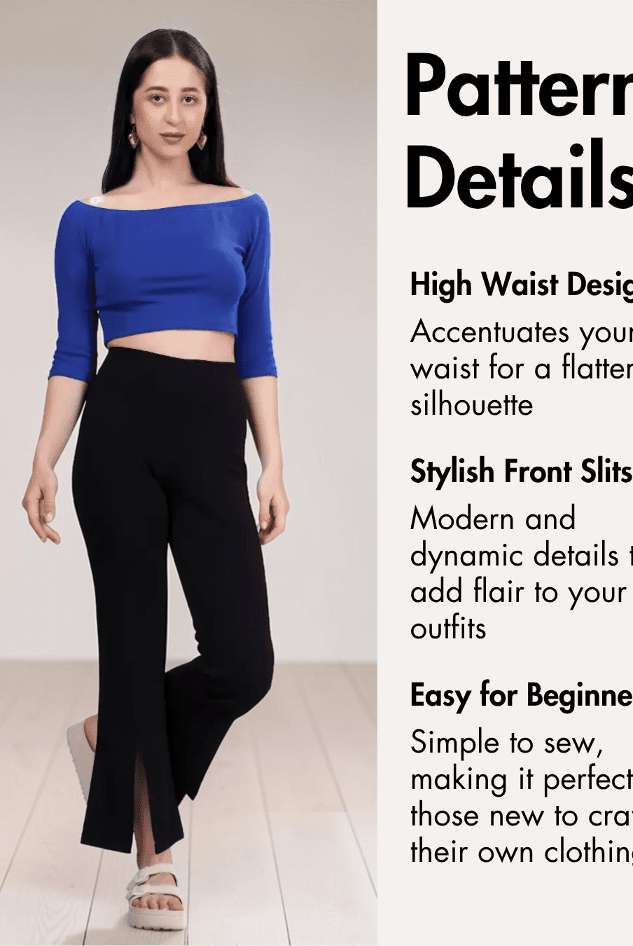 Pattern details of high waist bell bottom pants with front slits for sewing