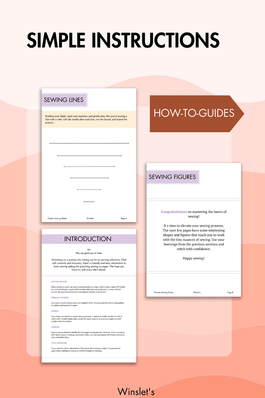 Sewing practice sheets with simple instructions and how-to guides. Helps beginners master sewing basics with structured exercises.