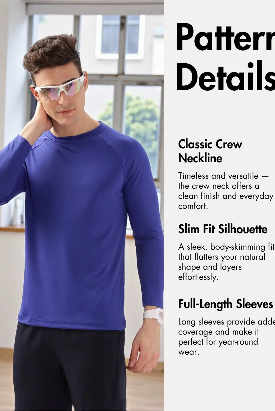 Men's Raglan T-shirt Sewing Pattern 'Luke' with pattern details including full-length sleeves, slim fit silhouette, and crew neckline.