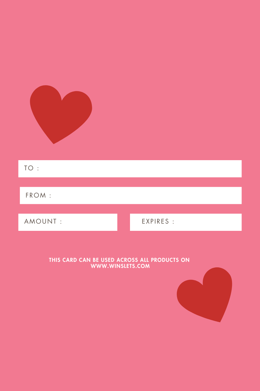 Back of Winslet's Patterns Gift Card with fields for recipient, sender, amount, and expiration. Perfect customizable digital gift option.