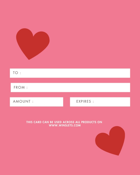 Valentine's Day themed sewing gift card with hearts and pink background
