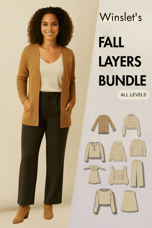 Fall Layers Bundle: 10 Essential Patterns for Your Fall Wardrobe featuring a model in a camel cardigan and black trousers. Includes illustrated garment previews.