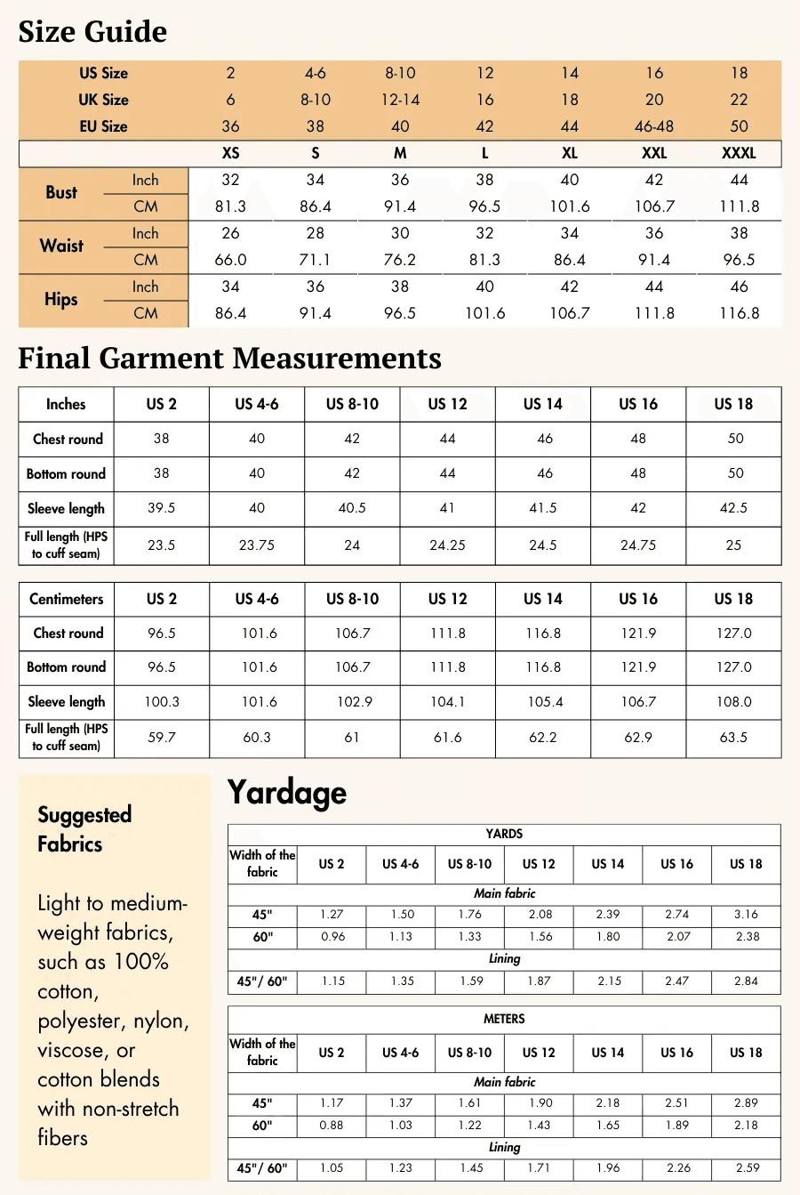 Size guide and fabric recommendations for the Naomi windbreaker sewing pattern. Covers US, UK, and EU sizes with fabric yardage details.