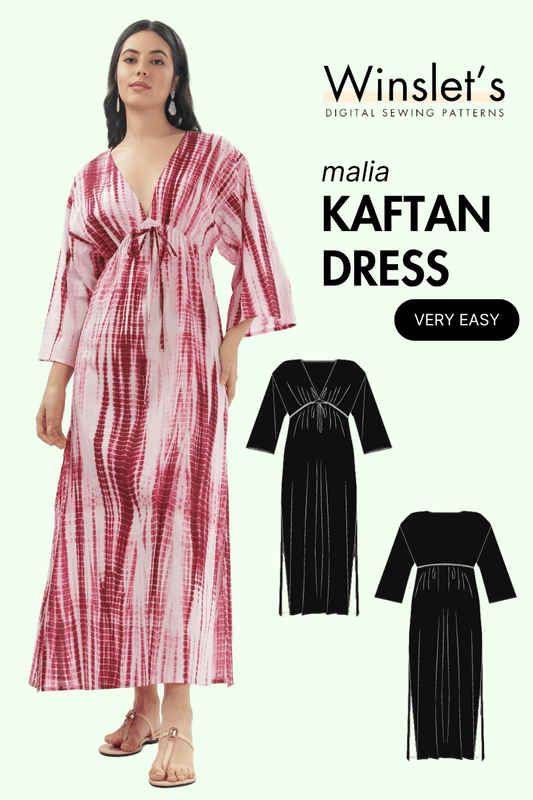 Kaftan Maxi Dress PDF Women's Swimwear Sewing Pattern with long kimono sleeves, plunging neckline, and empire waist. Includes front and back technical sketches.