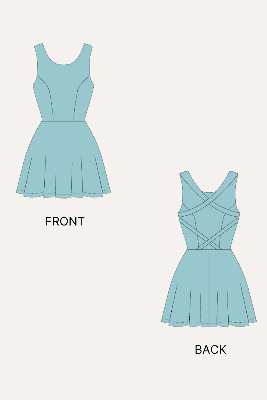 2D illustrations for swim dress with layered front and back design