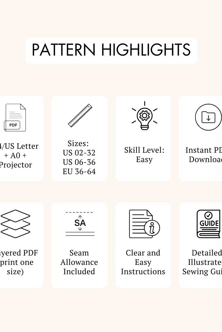 Pattern highlights for Ruffled Tiered Skirt Sewing Pattern 'Amy' showing features like easy skill level, layered PDF, and detailed sewing guide.