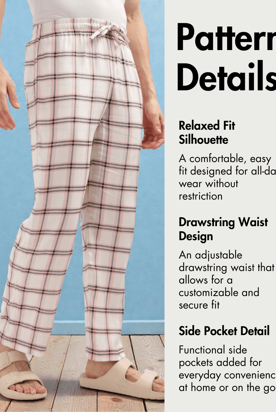Pattern details for Men's Lounge Pajama Pants Sewing Pattern 'Dan' with relaxed fit, drawstring waist, and side pockets for DIY loungewear projects.