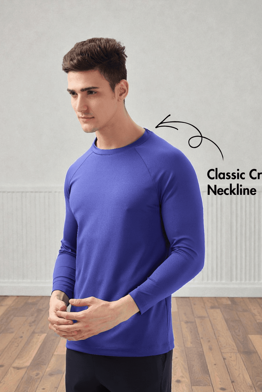 Front view of Men's Raglan T-shirt Sewing Pattern 'Luke' highlighting classic crew neckline and long sleeves for everyday wear.