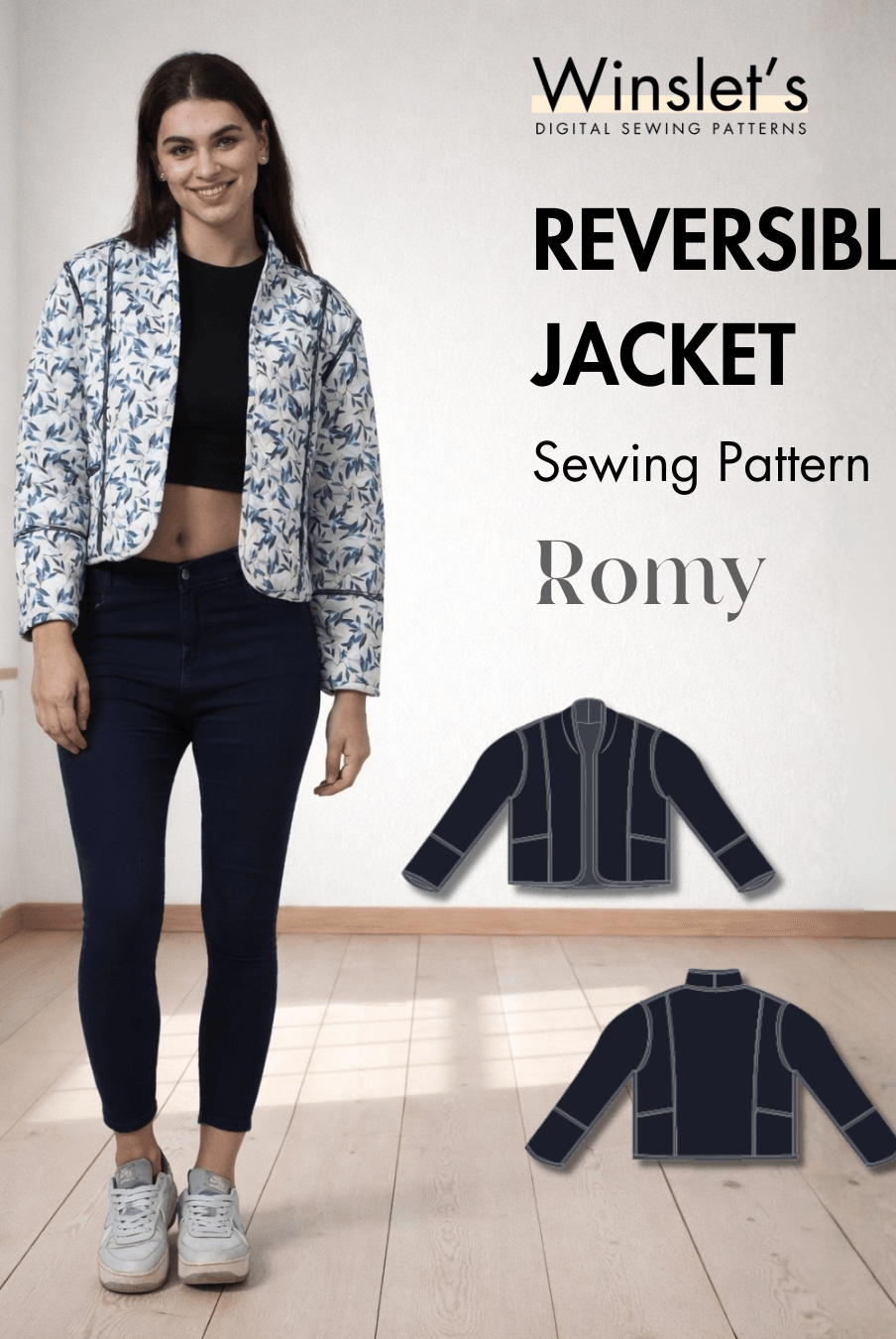 Reversible Jacket PDF Women's Sewing Pattern 'Romy' displayed on model with floral quilted fabric, long sleeves, and contrast binding seams.