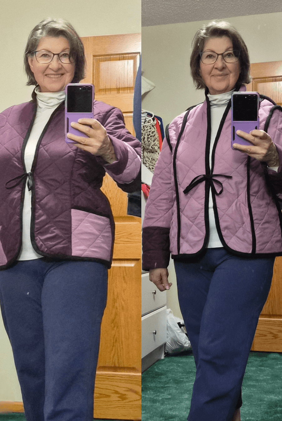 Two views of Romy reversible quilted jacket sewn in purple tones, showcasing front pockets and tie closure, perfect for beginner sewing enthusiasts.