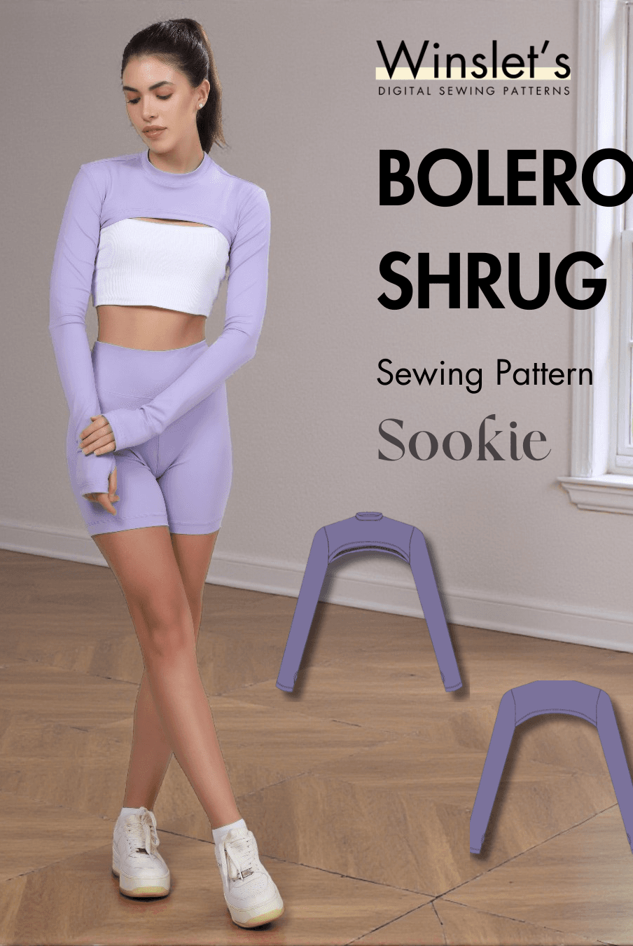 Bolero Shrug Sewing Pattern 'Sookie' with cropped open-front design, long sleeves, and thumbhole cuffs for stretch knit fabrics.