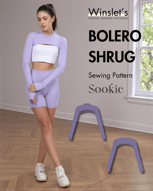 Bolero Shrug Sewing Pattern 'Sookie' by Winslet's featuring cropped open-front silhouette, long sleeves with thumbholes, and bodycon fit.