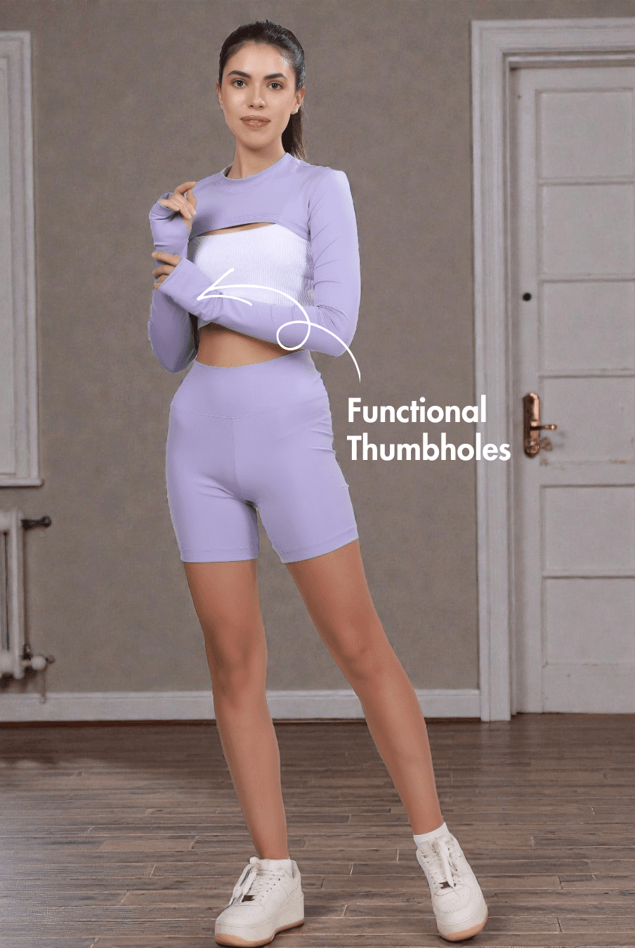 Cropped bolero shrug sewing pattern with functional thumbholes and fitted long sleeves, ideal for bodycon outerwear projects.