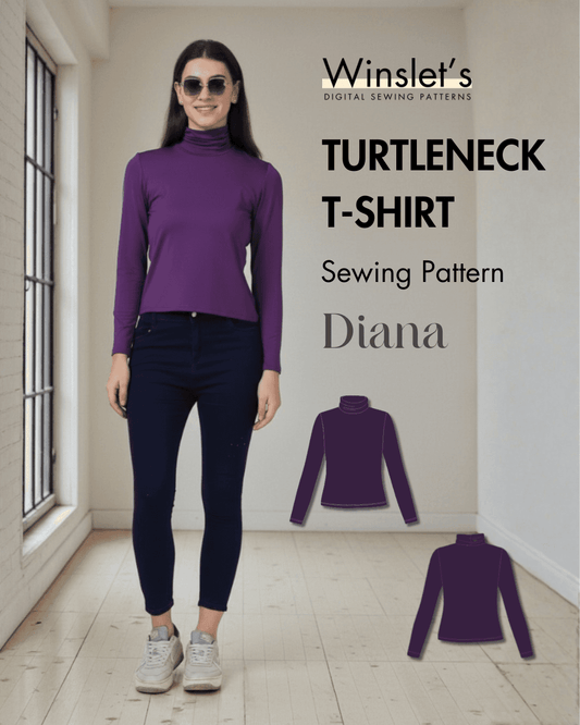 Long sleeves turtleneck PDF women's t-shirt sewing pattern 'Diana' shown on model with fitted bodycon silhouette, ideal for fall and winter layering.