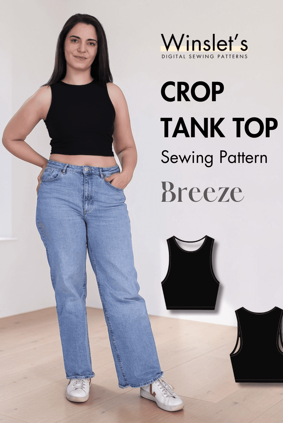 Women's black crop tank top sewing pattern Breeze