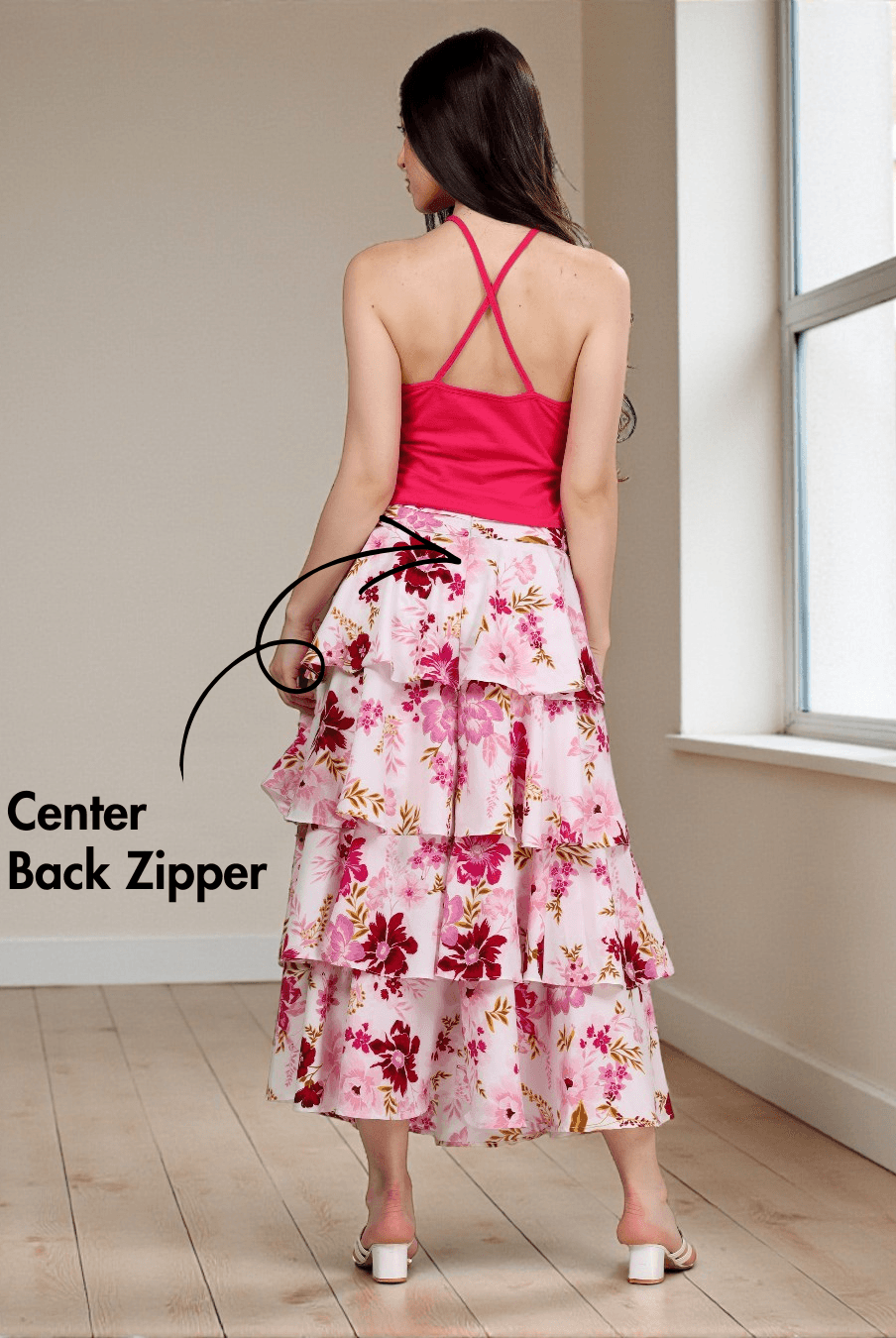 Back view of Ruffled Tiered Skirt Sewing Pattern 'Amy' showcasing center back zipper and tiered floral design for a secure and stylish fit.