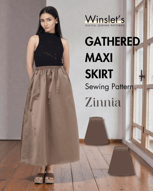 Maxi skirt sewing pattern 'Zinnia' in taupe fabric
