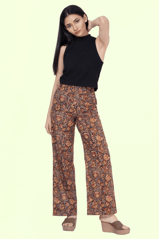 High-waisted wide leg pants made from woven fabric, modeled front view; ideal for workwear, loungewear, or formal outfits.