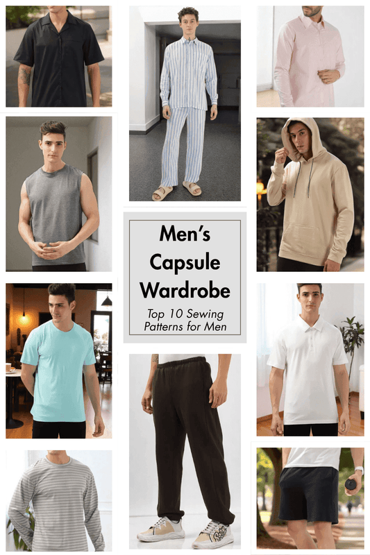 Top 10 Men's Capsule Wardrobe Sewing Patterns bundle showing finished garments like t-shirts, joggers, hoodie, and formal shirts for DIY sewing.