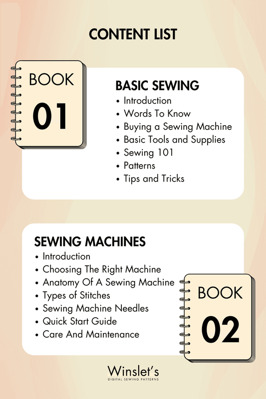 Content list of Free Sewing Books for Beginners eBook showing topics in Basic Sewing and Sewing Machines guides. Includes tips, tools, and techniques.