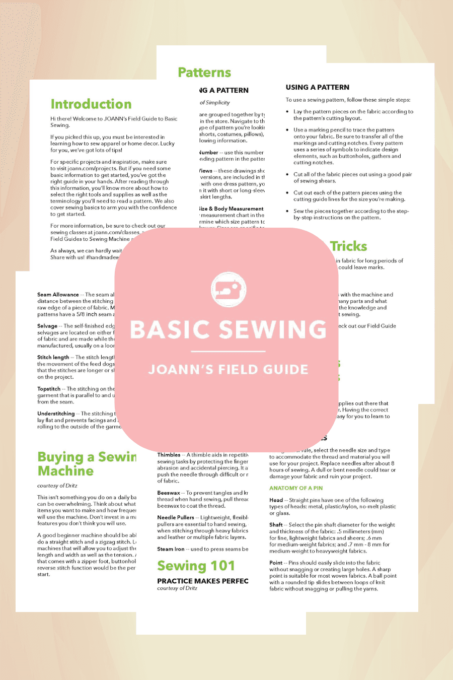 Preview page of Basic Sewing eBook from Free Sewing Books for Beginners, covering patterns, tools, and sewing tips. Printable digital sewing guide.