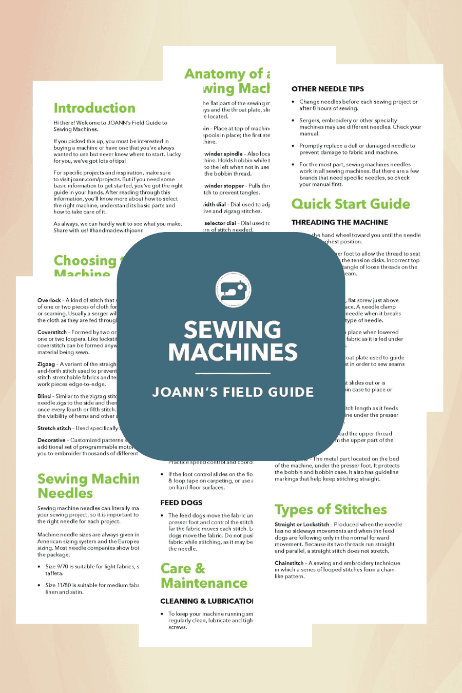 Preview page of Sewing Machines eBook from Free Sewing Books for Beginners, detailing machine types, threading, and maintenance. Downloadable PDF guide.