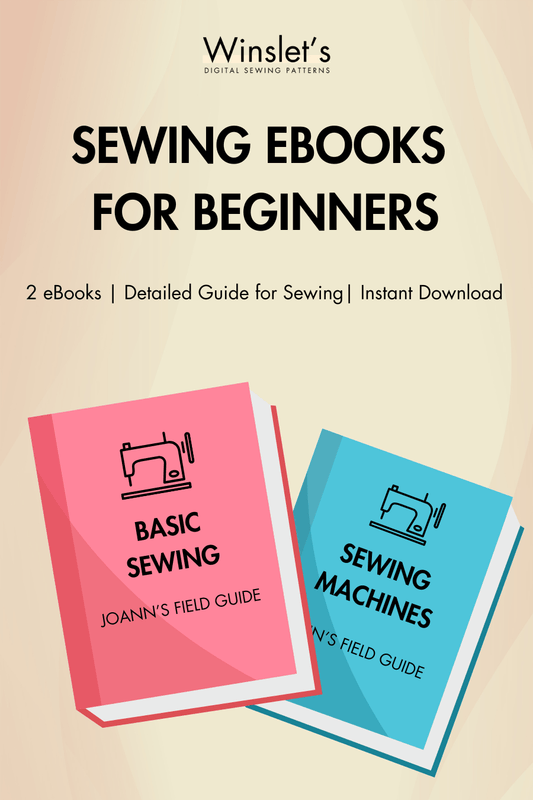 Free Sewing Books for Beginners eBook cover featuring two guides: Basic Sewing and Sewing Machines, ideal for new sewists. Instant digital download.