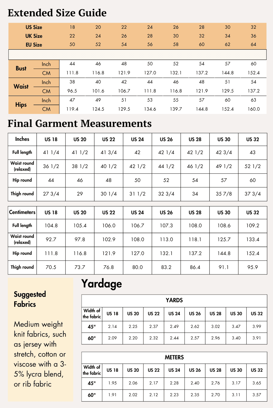 Extended Size guide and measurement charts for women's bell bottom pants sewing pattern